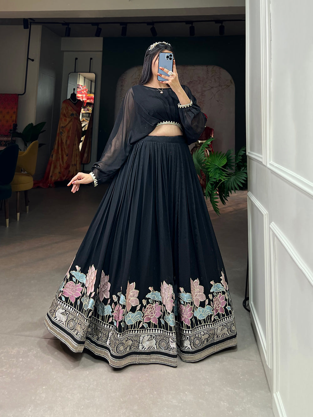 Lorenvalley Black Georgette Sequins and Thread Embroidery Work Lehenga Choli - Distacart