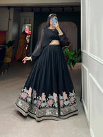 Thumbnail for Lorenvalley Black Georgette Sequins and Thread Embroidery Work Lehenga Choli - Distacart