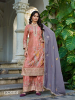 Thumbnail for Anaita Peach Shimmer Stitched Plazzo Suit With Codding Dori & Sequence Work - Distacart