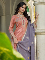 Thumbnail for Anaita Peach Shimmer Stitched Plazzo Suit With Codding Dori & Sequence Work - Distacart