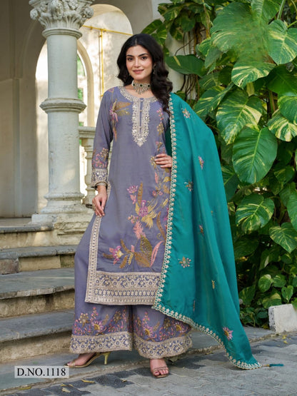 Anaita Grey Shimmer Stitched Plazzo Suit With Codding Dori & Sequence Work - Distacart