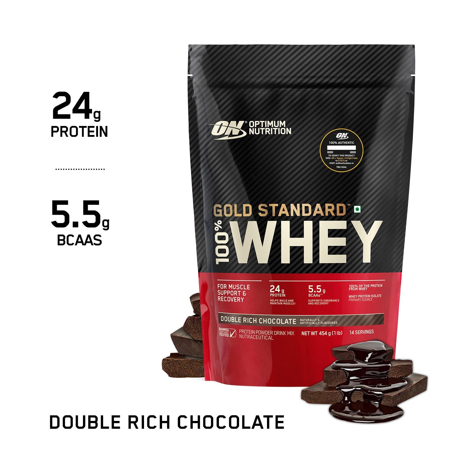 Optimum Nutrition Gold Standard 100% Whey Protein Powder (Double Rich Chocolate)-454 gm