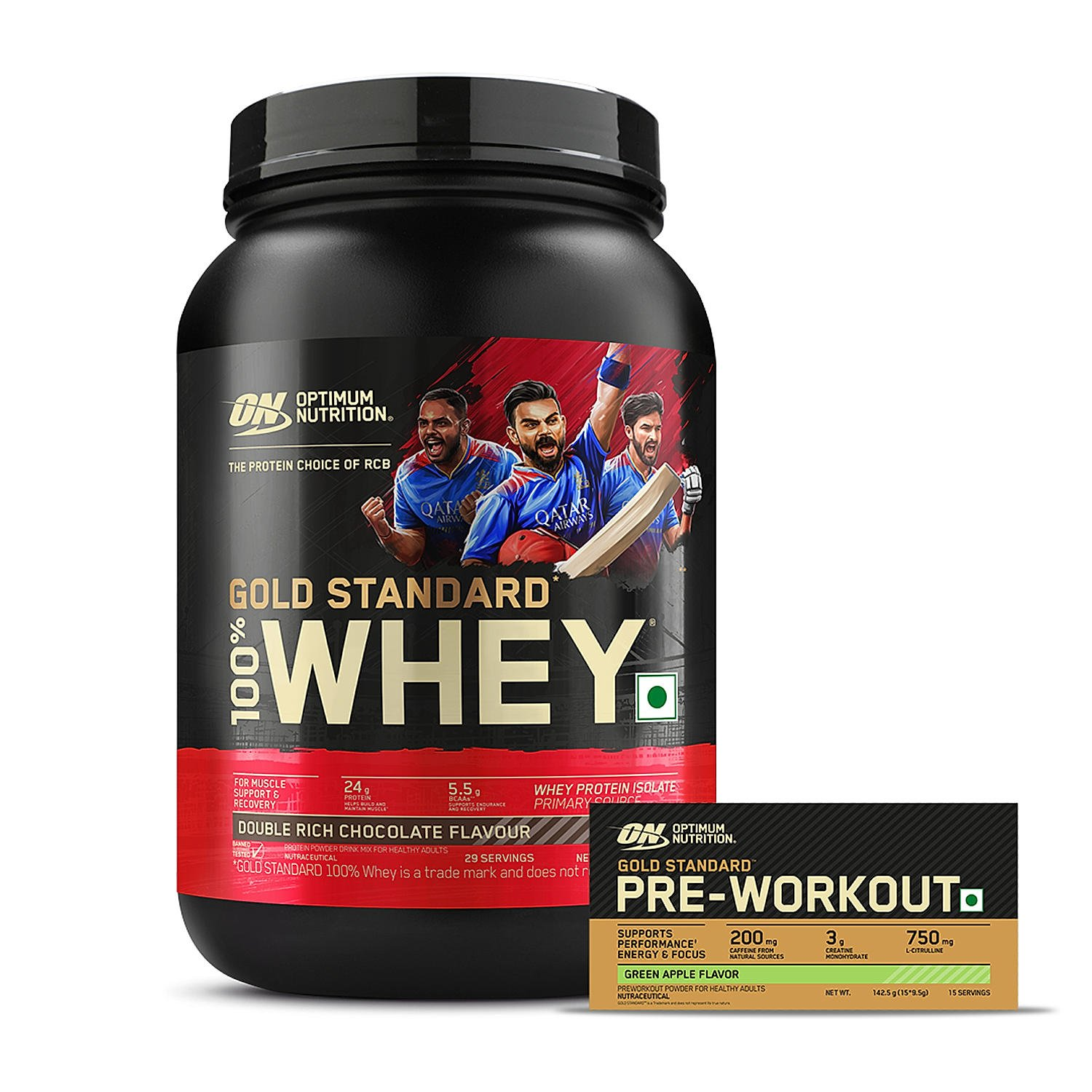 Optimum Nutrition (ON) Gold Standard Pre-Workout- 142.5g/15 packs (Green Apple Flavor) & Gold Standard 100% Whey Protein Powder (Double Rich Chocolate) 907gm