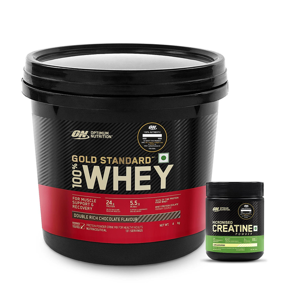 Optimum Nutrition Gold Standard 100% Whey Protein Powder (Double Rich Chocolate) 4kg & Micronized Creatine Powder (Unflavoured) 100gm