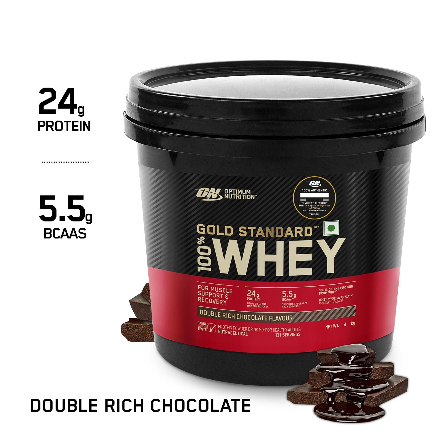Optimum Nutrition Gold Standard 100% Whey (Double Rich Chocolate) 4kg & Pre Workout (Green Apple) 142.5gm