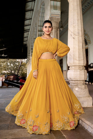 Lorenvalley Yellow Georgette Sequins and Thread Embroidery work ethnic Co-ord Set - Distacart