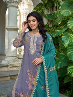 Thumbnail for Anaita Grey Shimmer Stitched Plazzo Suit With Codding Dori & Sequence Work - Distacart