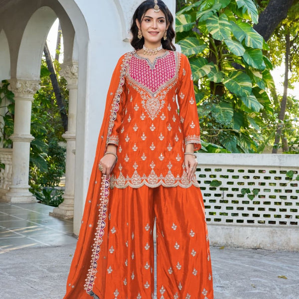 Anaita Orange Chinon Stitched Plazzo Suit With Dhaga & Sequence Work - Distacart