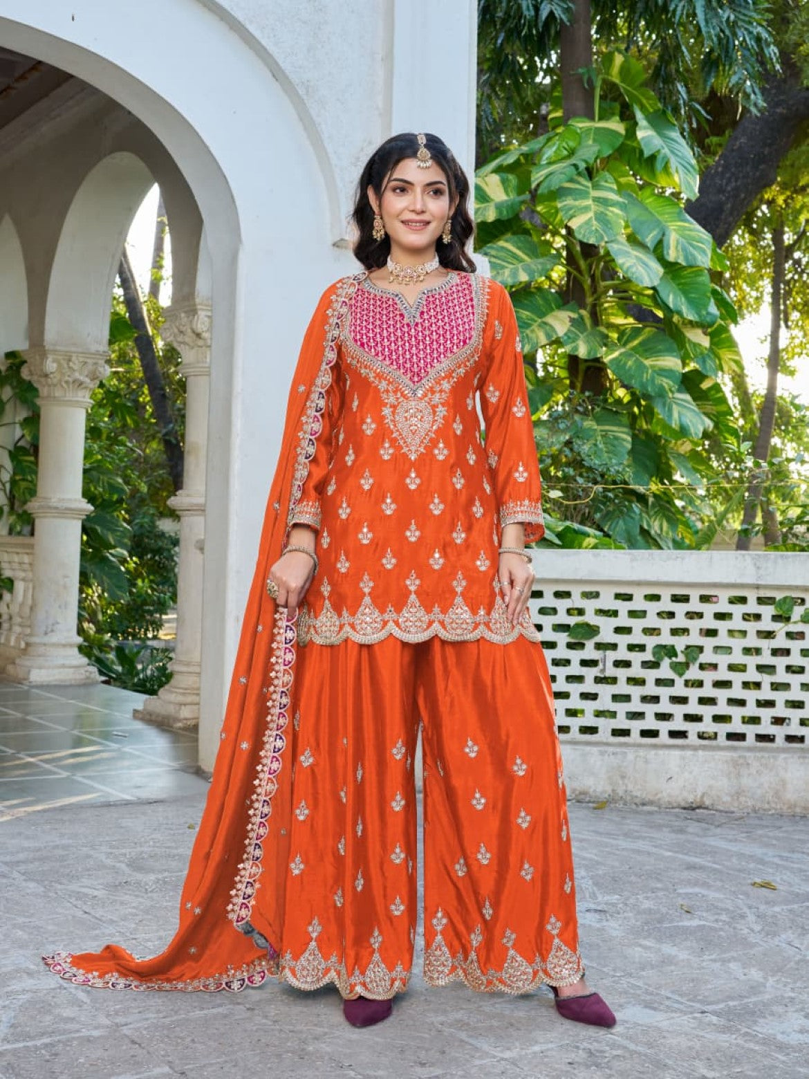 Anaita Orange Chinon Stitched Plazzo Suit With Dhaga & Sequence Work - Distacart