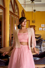 Thumbnail for Lorenvalley Fashion Lightpink Allnen Crush Plain Lehenga Choli with Koti - Distacart