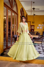 Thumbnail for Lorenvalley Fashion Limegreen Allnen Crush Plain Lehenga Choli with Koti - Distacart