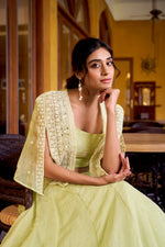 Thumbnail for Lorenvalley Fashion Limegreen Allnen Crush Plain Lehenga Choli with Koti - Distacart