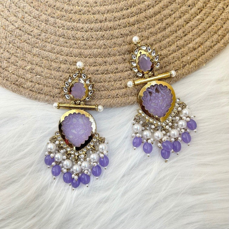 Tehzeeb Creations Latest Gold Polish Kundan & Pearl Studded Designer Drop Long Earrings For Women And Girls Lavender - Distacart
