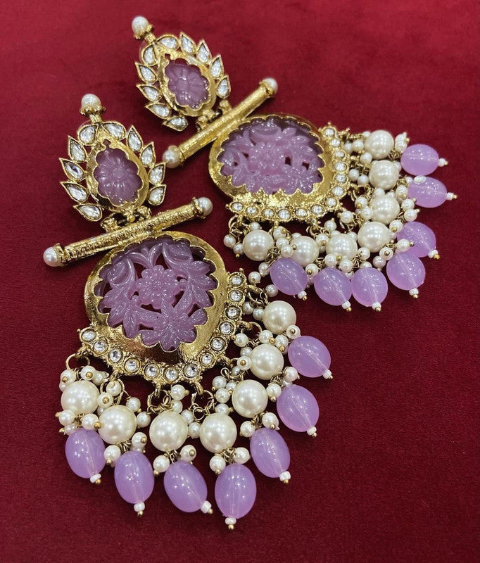 Tehzeeb Creations Latest Gold Polish Kundan & Pearl Studded Designer Drop Long Earrings For Women And Girls Lavender - Distacart