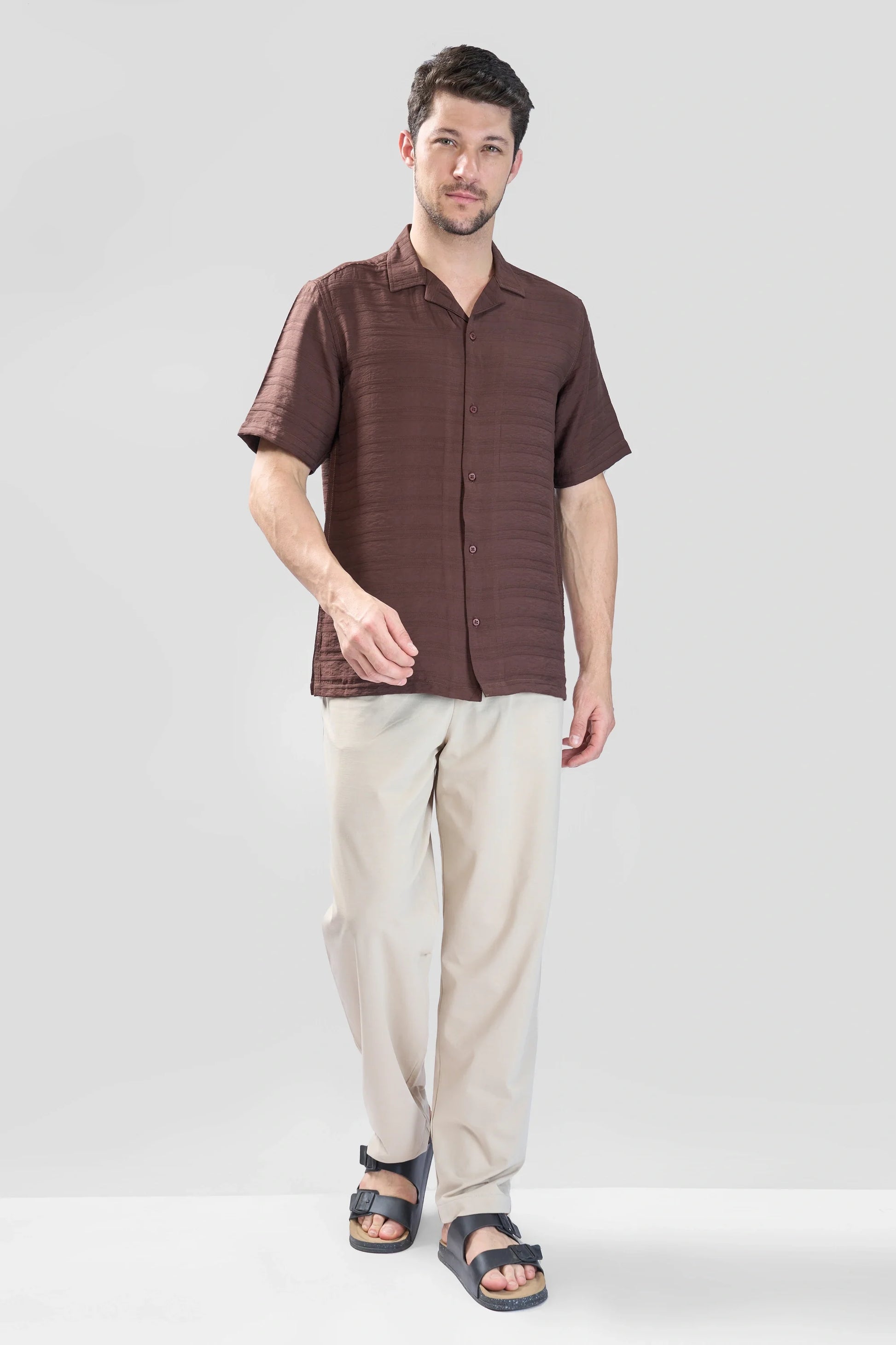 Xkind Brown Horizontal Pleated Stripes Relaxed Fit Shirt - Distacart
