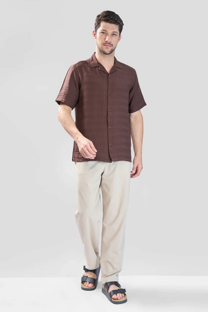Xkind Brown Horizontal Pleated Stripes Relaxed Fit Shirt - Distacart