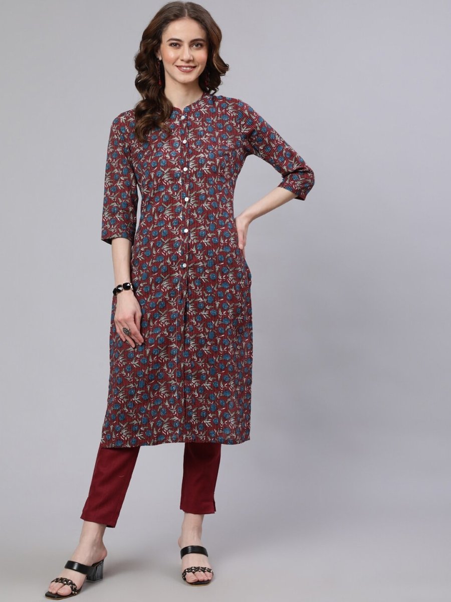 Aks Floral Printed Mandarin Collar Pure Cotton Kurta with Trousers - Distacart