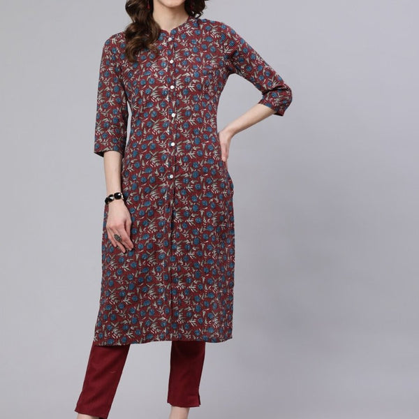 Aks Floral Printed Mandarin Collar Pure Cotton Kurta with Trousers - Distacart