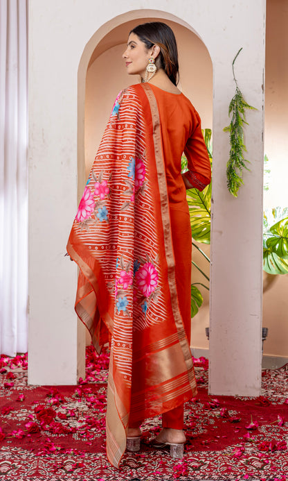 Vedant Vastram Viscose Silk Embroidery & Sequence Work Stitched Kurta Pant Dupatta Set-Orange - Distacart