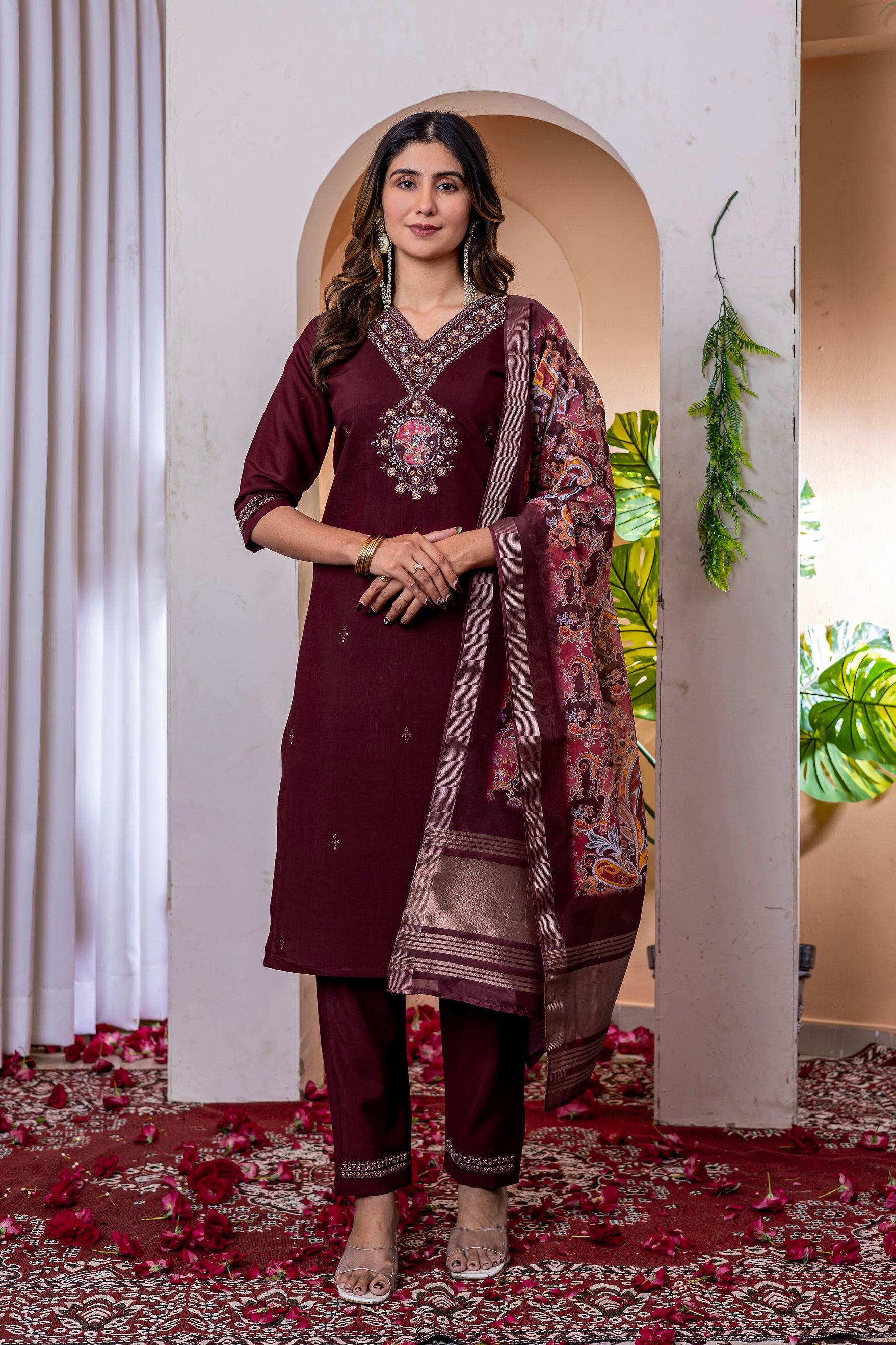 Vedant Vastram Viscose Silk Embroidery & Sequence Work Stitched Kurta Pant Dupatta Set-Wine
