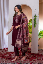 Thumbnail for Vedant Vastram Viscose Silk Embroidery & Sequence Work Stitched Kurta Pant Dupatta Set-Wine - Distacart