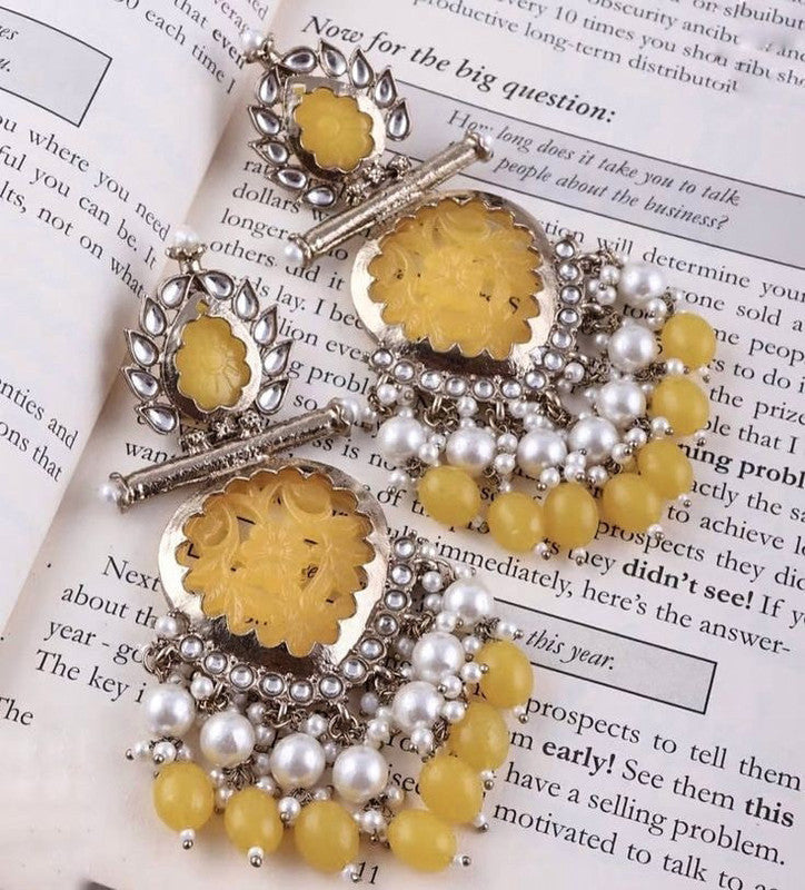 Tehzeeb Creations Latest Gold Polish Kundan & Pearl Studded Designer Drop Long Earrings For Women And Girls Yellow - Distacart