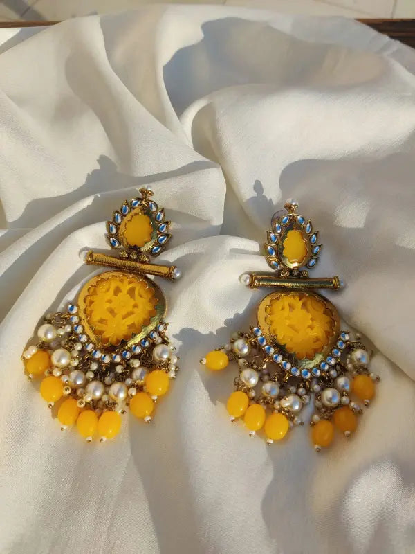Tehzeeb Creations Latest Gold Polish Kundan & Pearl Studded Designer Drop Long Earrings For Women And Girls Yellow - Distacart