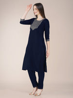 Thumbnail for Malishka Women's Embroidered Navy Cotton Blend Kurta Pant Set - Distacart