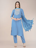 Thumbnail for Malishka Women's Embroidered Sky Blue Cotton Blend Kurta Pant Set - Distacart