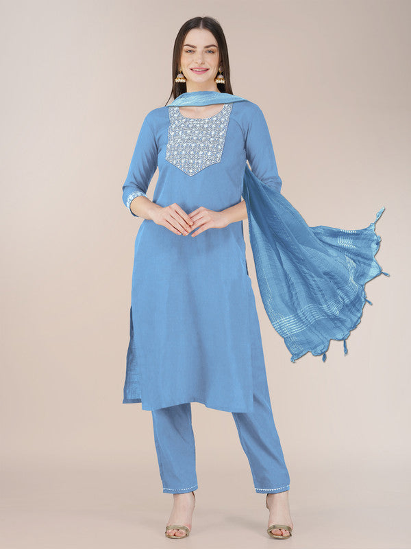 Malishka Women's Embroidered Sky Blue Cotton Blend Kurta Pant Set - Distacart