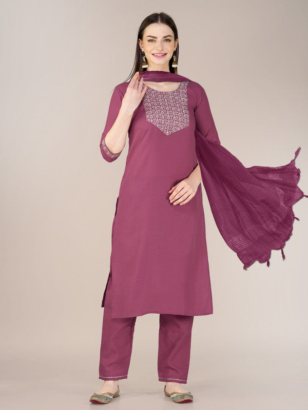 Malishka Women's Embroidered Wine Cotton Blend Kurta Pant Set - Distacart