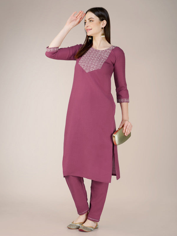 Malishka Women's Embroidered Wine Cotton Blend Kurta Pant Set - Distacart