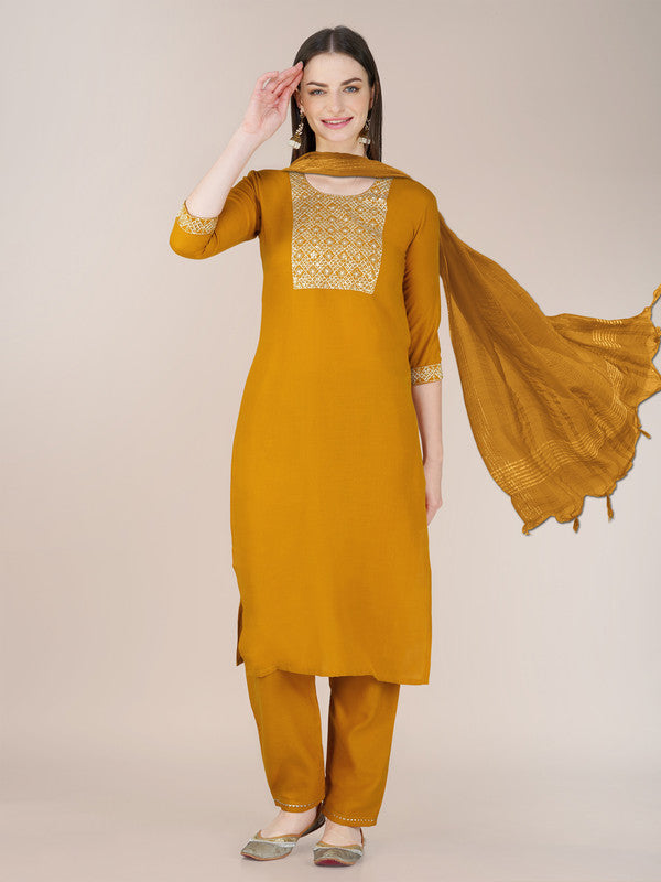 Malishka Women's Embroidered Yellow Cotton Blend Kurta Pant Set - Distacart