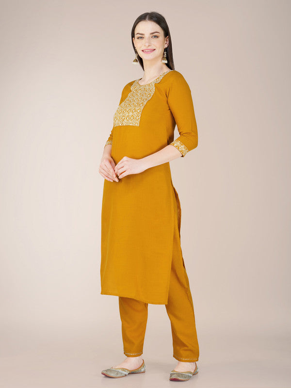 Malishka Women's Embroidered Yellow Cotton Blend Kurta Pant Set - Distacart