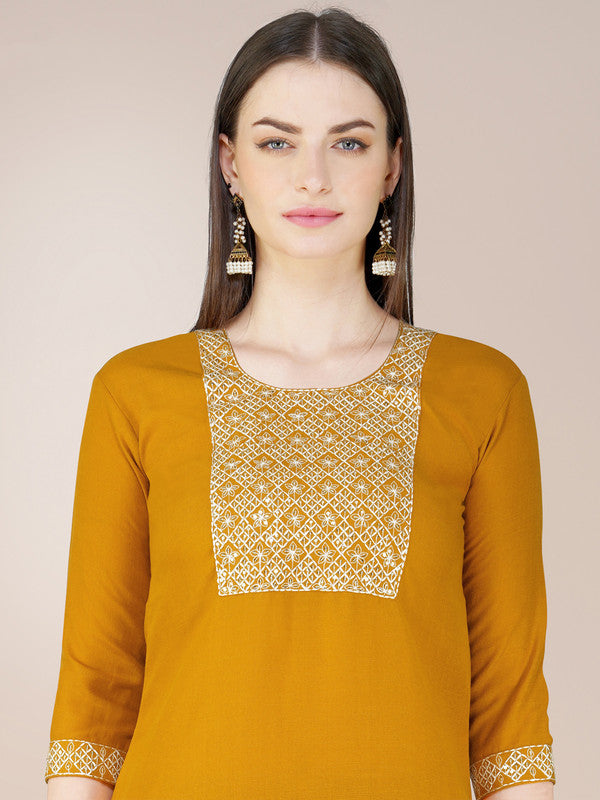 Malishka Women's Embroidered Yellow Cotton Blend Kurta Pant Set - Distacart