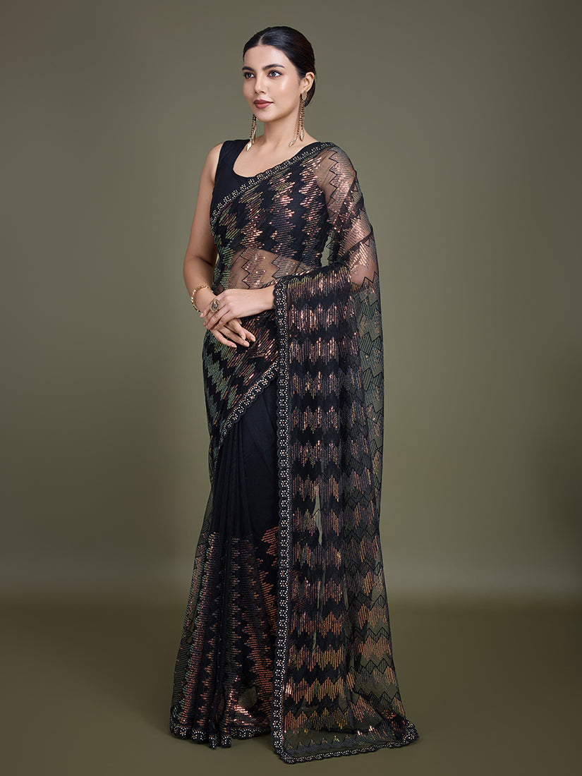 Monjolika Fashion Sequin Black Color Net Ultimate Party Wear Fashion Saree - Distacart