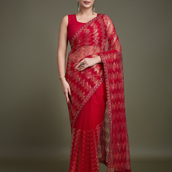 Monjolika Fashion Sequin Red Color Net Ultimate Party Wear Fashion Saree - Distacart