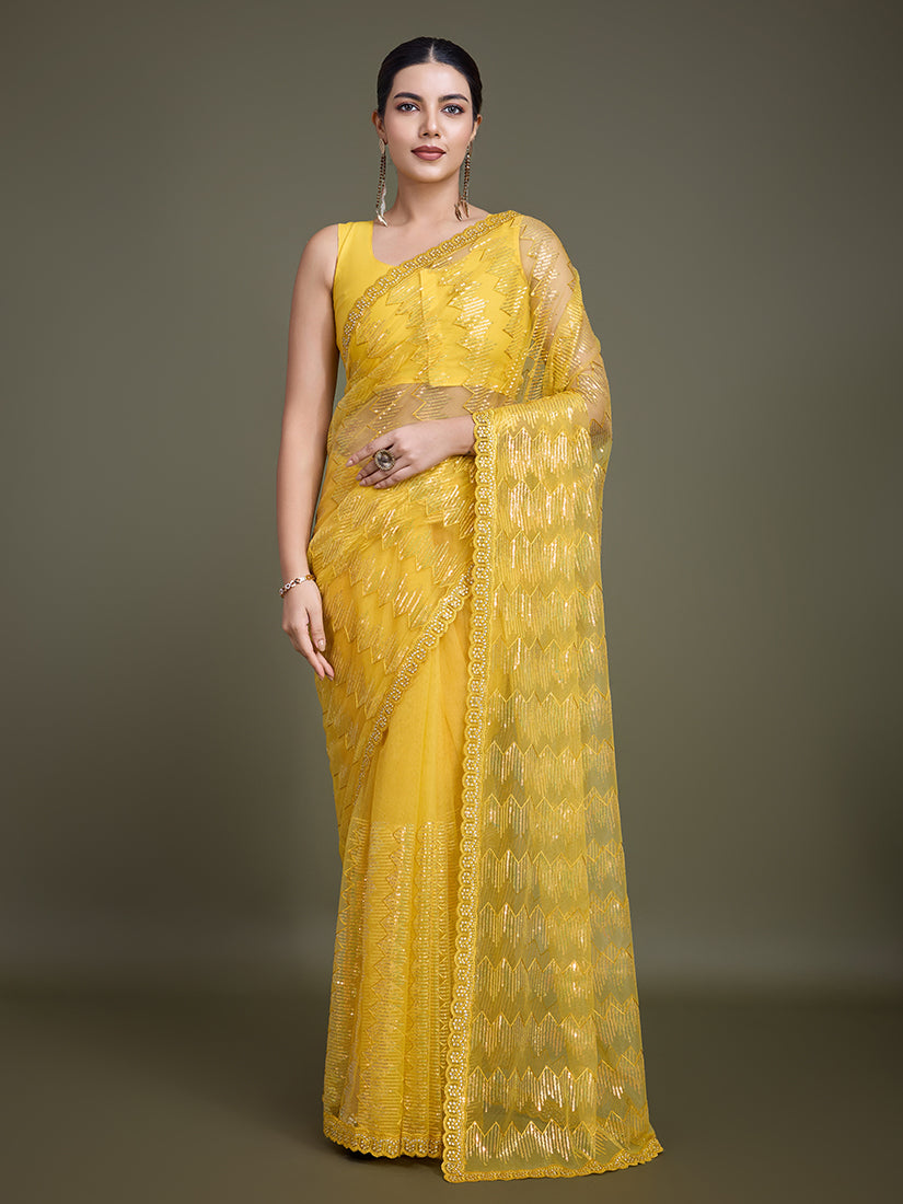 Monjolika Fashion Sequin Yellow Color Net Ultimate Party Wear Fashion Saree - Distacart