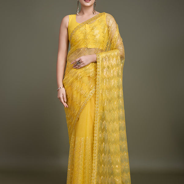 Monjolika Fashion Sequin Yellow Color Net Ultimate Party Wear Fashion Saree - Distacart