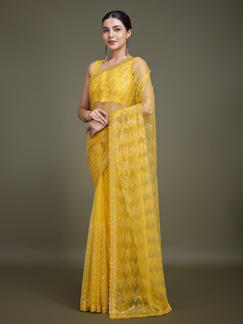 Monjolika Fashion Sequin Yellow Color Net Ultimate Party Wear Fashion Saree - Distacart