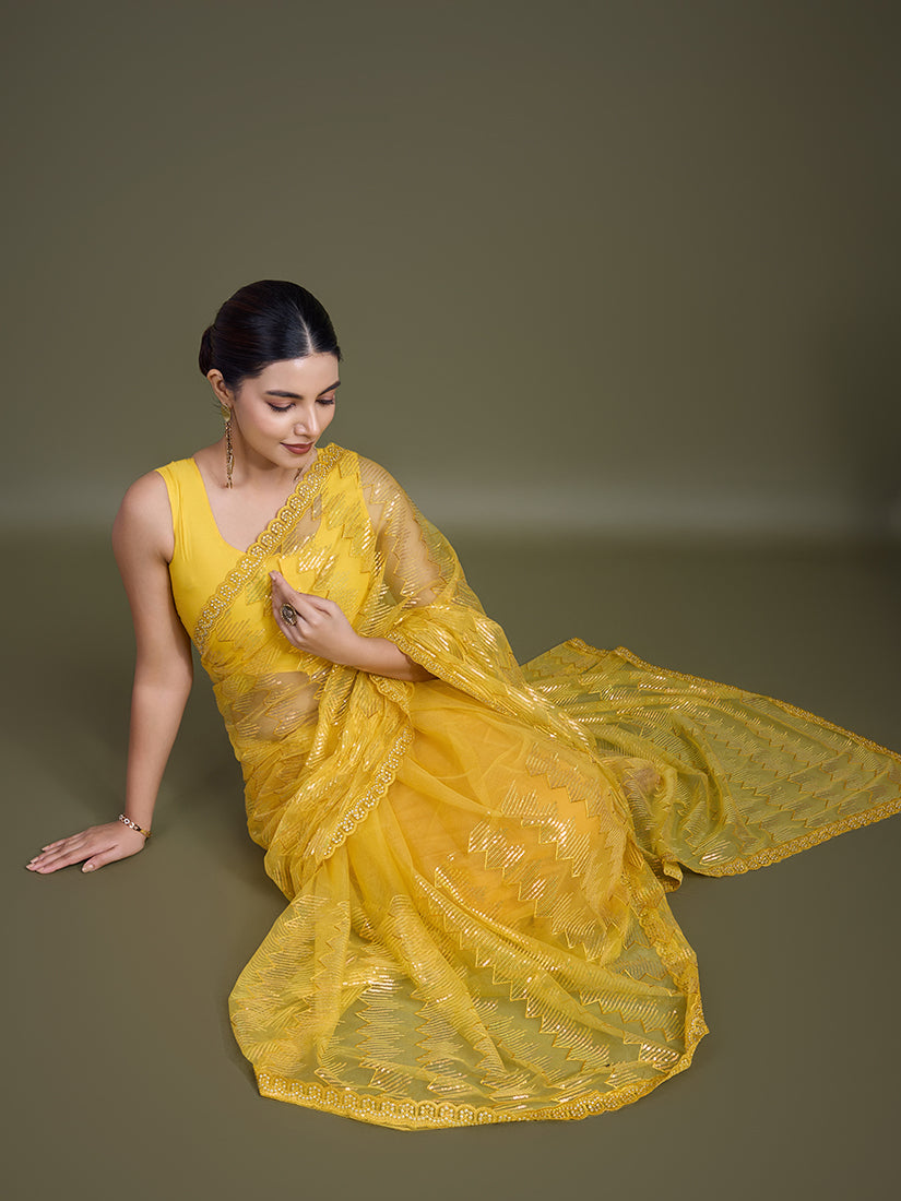 Monjolika Fashion Sequin Yellow Color Net Ultimate Party Wear Fashion Saree - Distacart