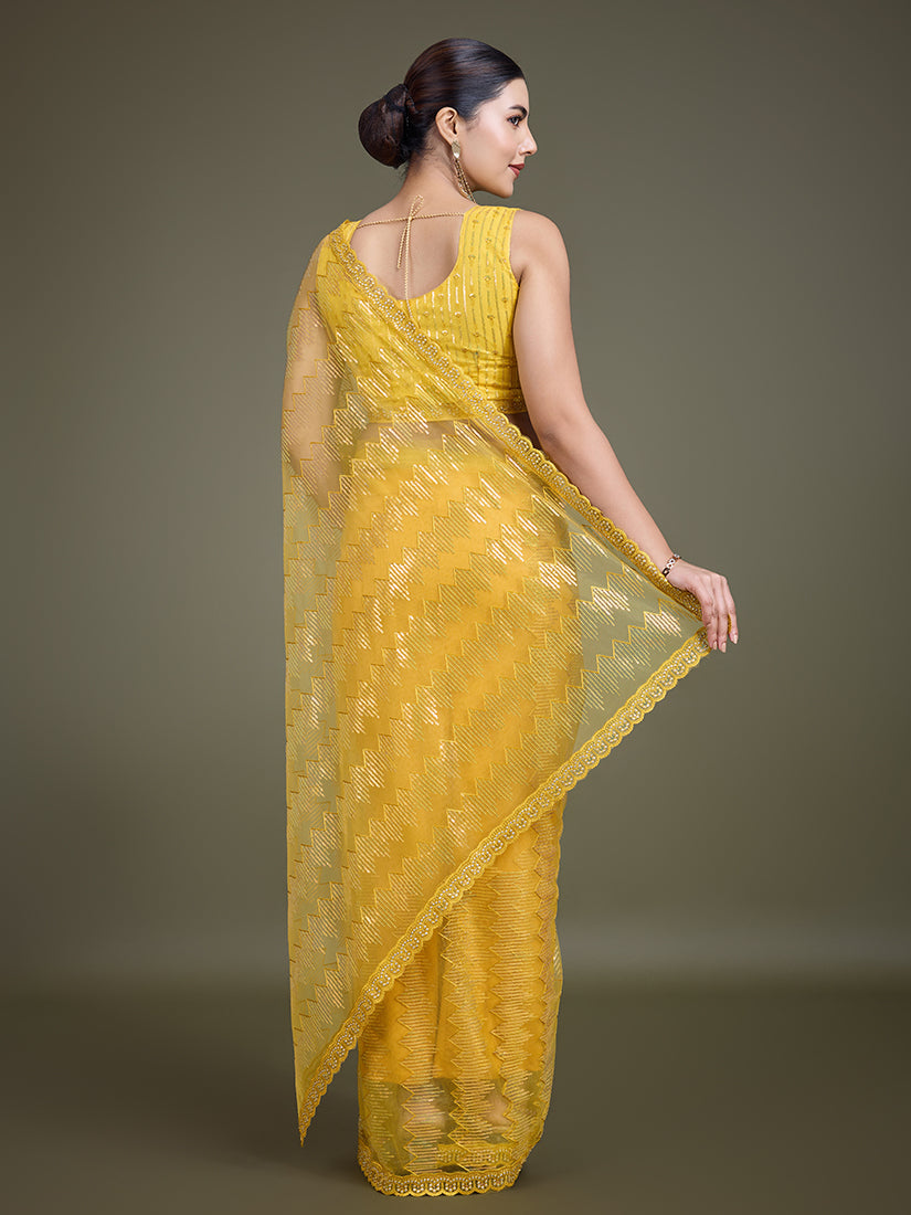 Monjolika Fashion Sequin Yellow Color Net Ultimate Party Wear Fashion Saree - Distacart