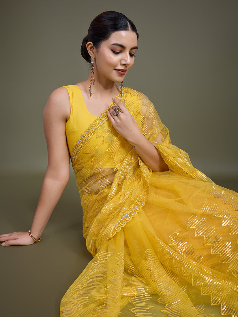Monjolika Fashion Sequin Yellow Color Net Ultimate Party Wear Fashion Saree - Distacart