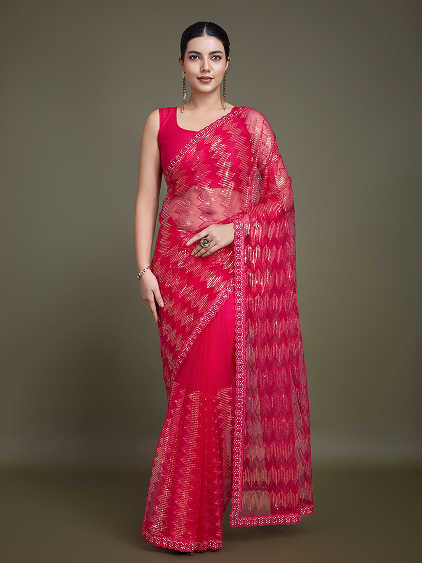 Monjolika Fashion Sequin Dark Pink Color Net Ultimate Party Wear Fashion Saree - Distacart