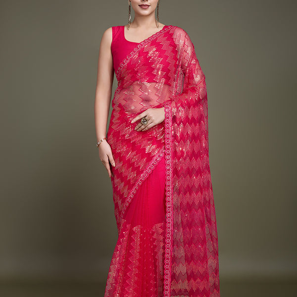 Monjolika Fashion Sequin Dark Pink Color Net Ultimate Party Wear Fashion Saree - Distacart