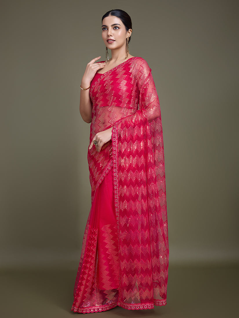Monjolika Fashion Sequin Dark Pink Color Net Ultimate Party Wear Fashion Saree - Distacart