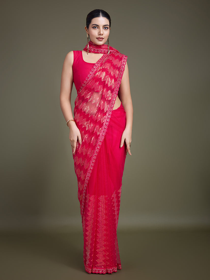 Monjolika Fashion Sequin Dark Pink Color Net Ultimate Party Wear Fashion Saree - Distacart