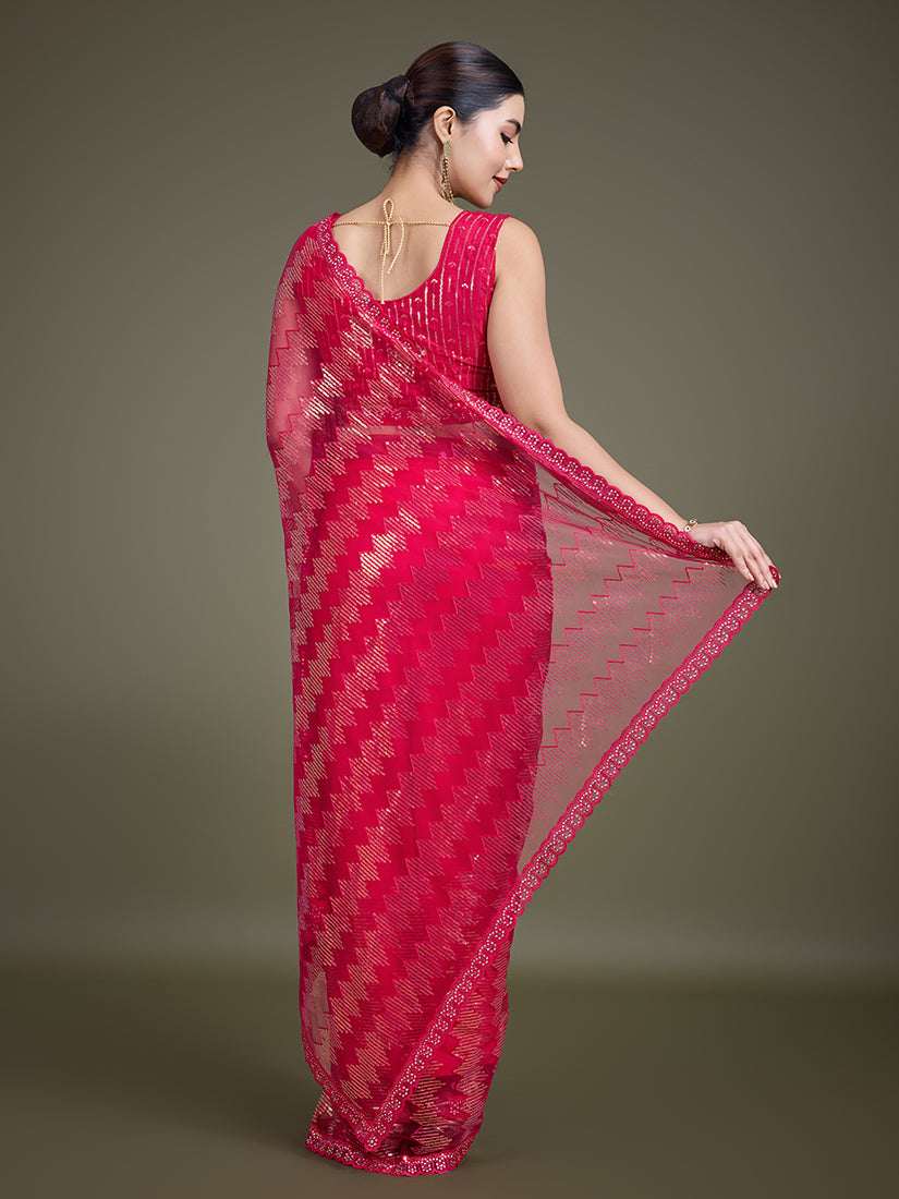 Monjolika Fashion Sequin Dark Pink Color Net Ultimate Party Wear Fashion Saree - Distacart