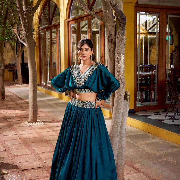 Lorenvalley Fashion Teal Vichitra Silk Thread Embroidery Work Lehenga Choli Co-ord Set - Distacart