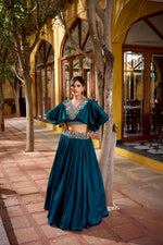 Thumbnail for Lorenvalley Fashion Teal Vichitra Silk Thread Embroidery Work Lehenga Choli Co-ord Set - Distacart